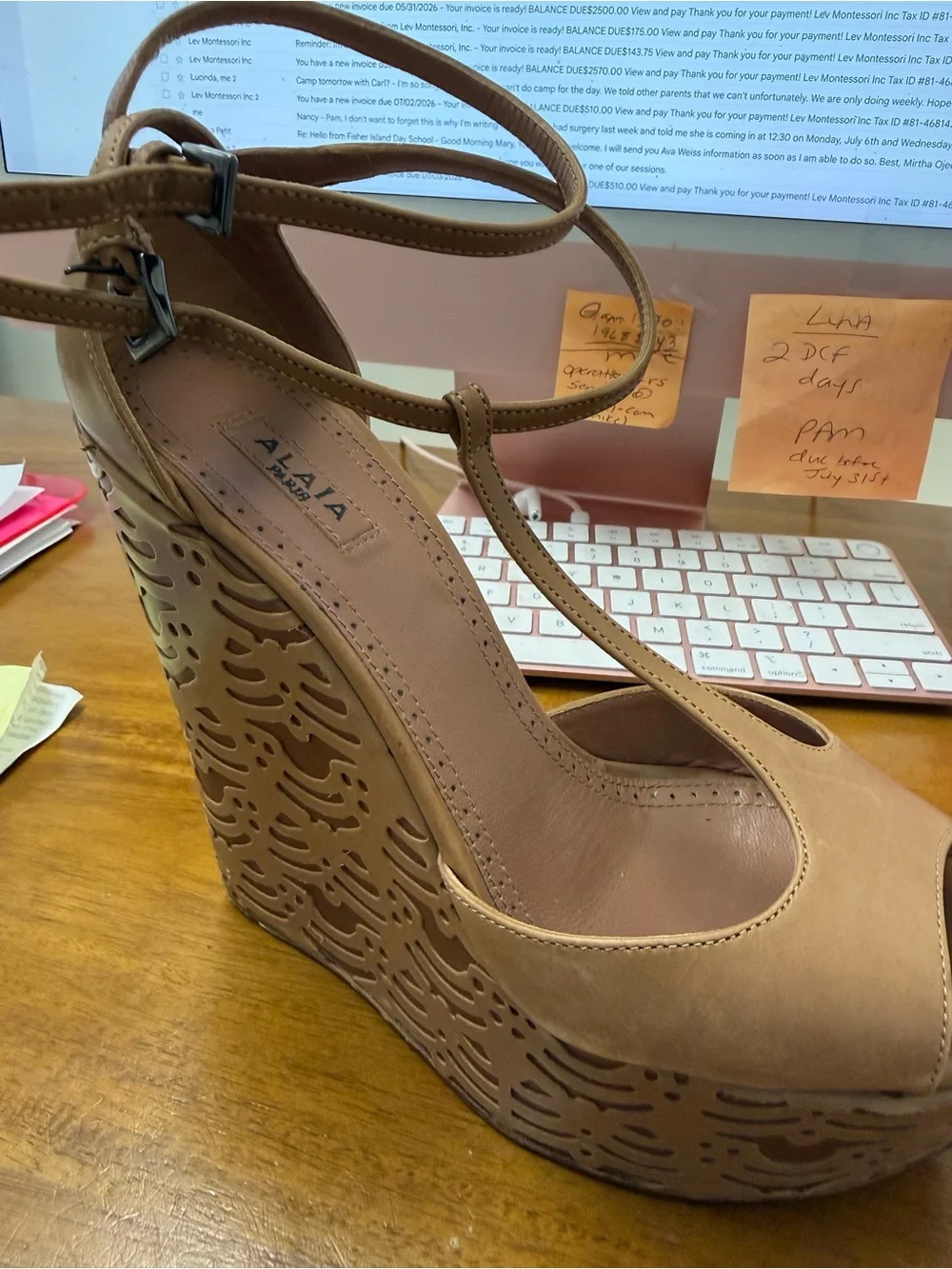 Women's Tan T-Strap Platform Wedge with Ankle Tie